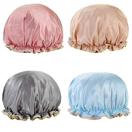 Preisvergleich Produktbild Wenxiaw Damen Duschhaube Doppelschicht Elastisch Duschkappen Wasserdichte Wiederverwendbare Wasserdicht Haarhaube für Hauptgebrauch Badezimmer Badekurort Damen-Dusch-Spa-Salon 4 Stück
