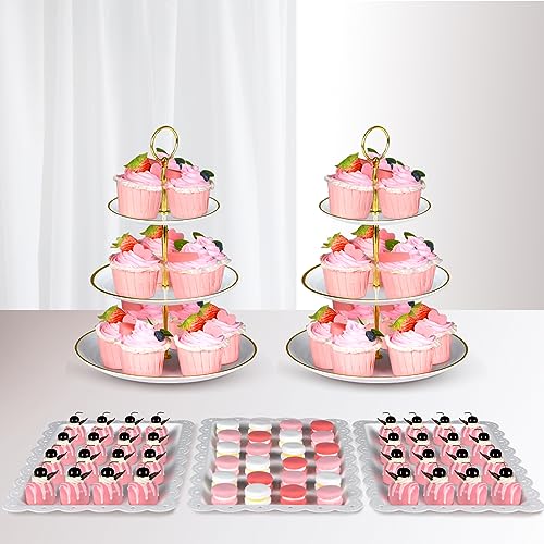 5 Pcs Cake Stand Set,2xLarge 3-Tier Plastic Cup Cake Stand X3X Appetizer Trays,Plastic Dessert Table Display Set Perfect for Wedding Party Baby Shower Birthda Decoration