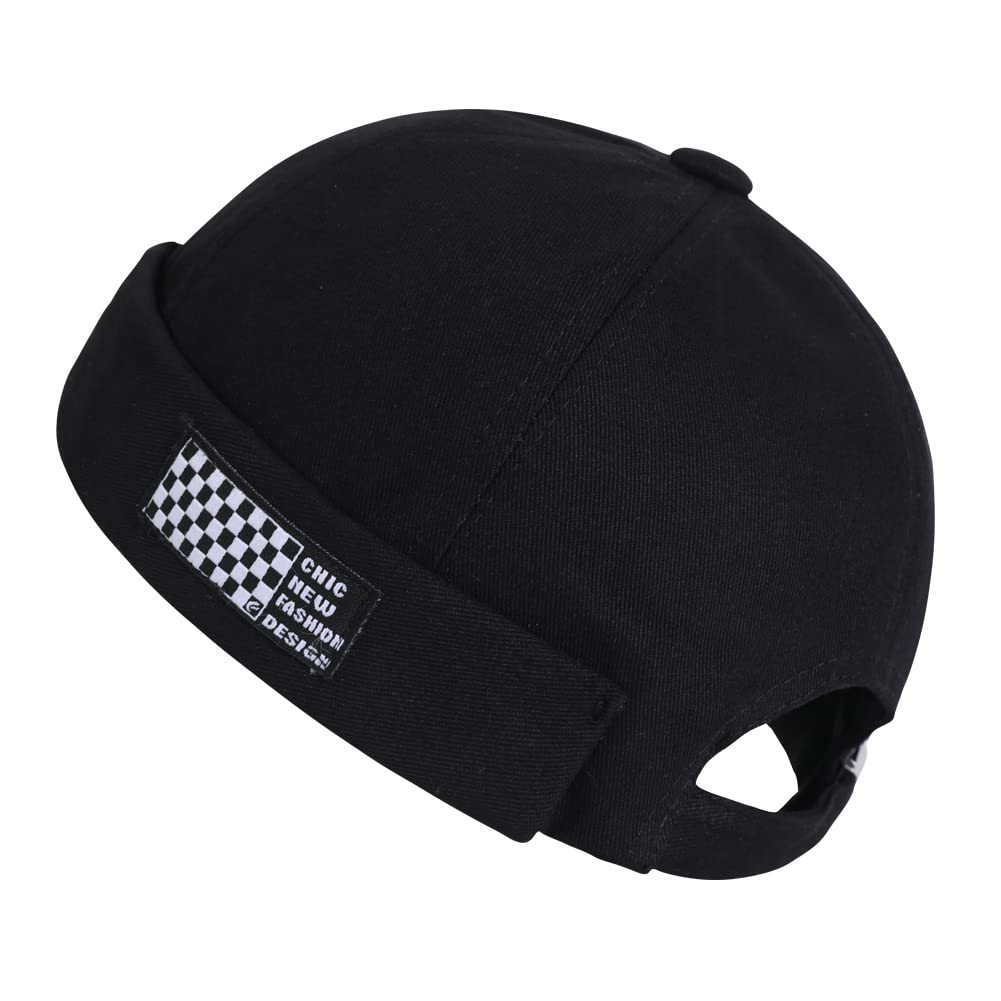 Docker Hats Brimless Cap for Men Women Beanie Skullcap Worker Hat Sailor Cap Retro Rolled Cuff Skull Caps with Adjustable…, Black-Chic, One Size