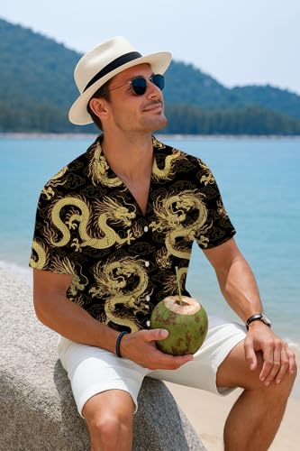 Mens Dragon Shirt Button Down Beach Casual Bowling Shirts4