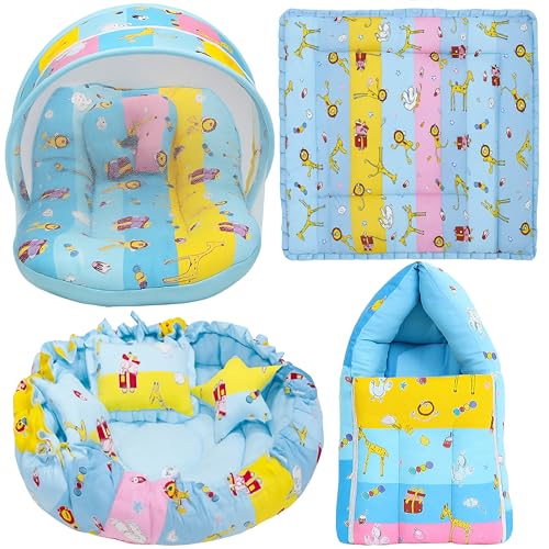Image of Fareto Combo of Baby Bed with Net | Carry Bag | 4 Pcs Bedding Set (0-6 Months, Baby Size, Cotton) (Giffi Blue)