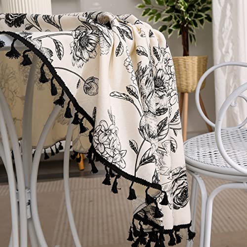 F-Chu Floral Round Tablecloth 60 Inch Cotton Linen Table Cloth With Tassels For Restaurant, Picnic, Indoor And Table Cover Home Decoration, Floral（Black #TOP3
