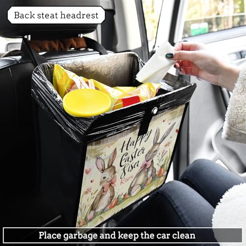 Image of Car Trash Can Organizer Bin with Adjustable Strap for Back Front Seat Console Waterproof Leakproof Collapsible Portable 8.66 Inch Happy Easter Bunny Carrot