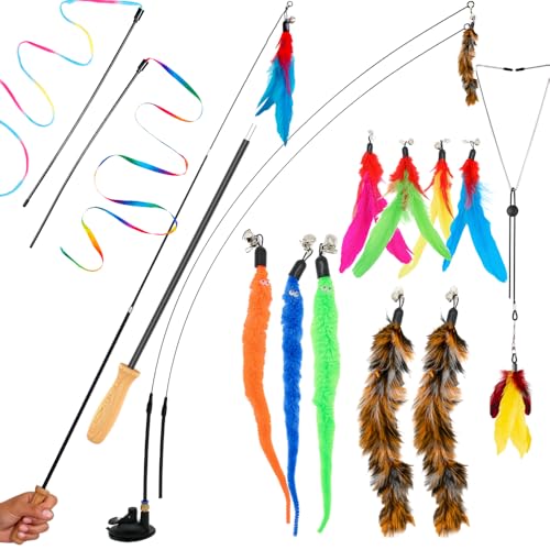 GADGETSOLOGY Cat Toys Set Cat Fishing Pole Retractable Wand Suction Cup & Hanging Teaser Wand for Indoor Cats & Kittens Feather Attachments Ribbon