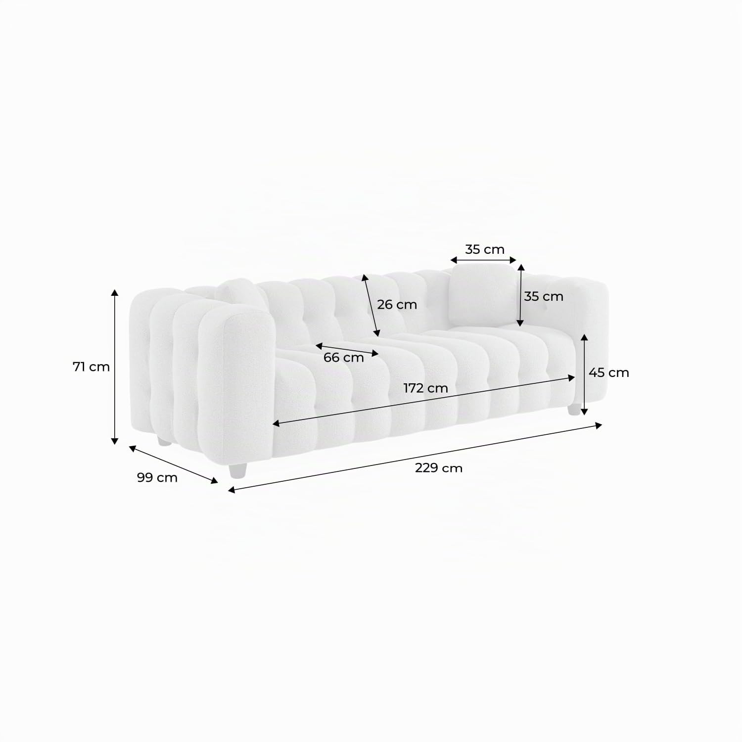 Alice's Garden sweeek - Canapé 3 Places en Bouclette texturée capitonné Blanc crème - Structure Bois d'eucalyptus et contreplaqué