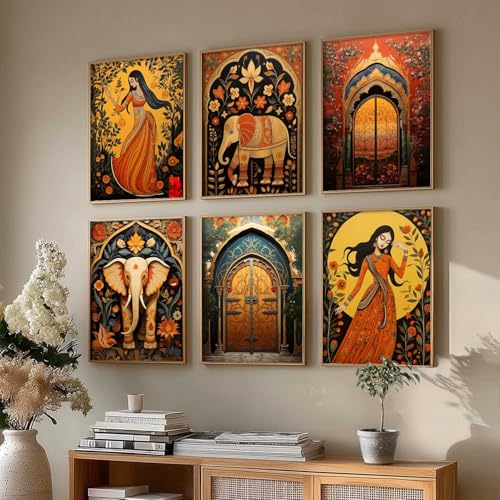 Image of kotart Premium Digital Madhubani Art Paintings with Frame for Home Decor - Framed Painting for Living Room Bedroom Office Room Decor - Painting for Wall Decoration - Pack of 6 (10X13, E)