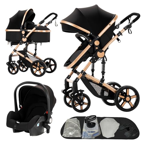 Nine point nine Carrito Bebe 3 en 1, Carricoche 3 Piezas con Capazo Grande Cómodo, Carro Tres Piezas Empuje Bidireccional Reversible, Cochecito Bebe Marco de Aleación Aluminio (588 Black Gold)