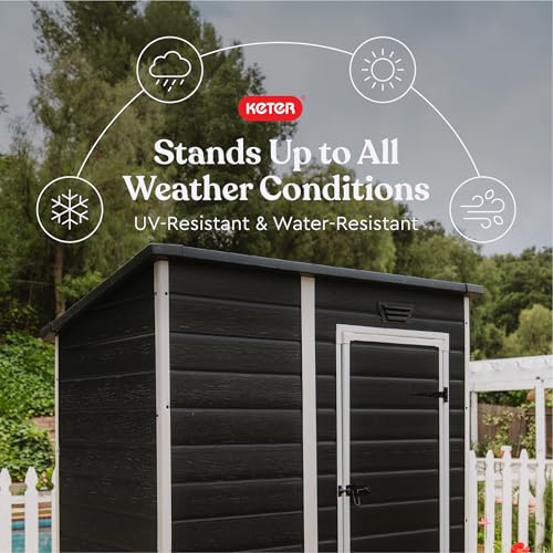 Image of Keter Essential Shed 4x6 Resin Outdoor Storage Shed Ideal Storage for Patio Furniture, Garden Tools Bike Accessories, Beach Chairs and Lawn Mower, Black and White