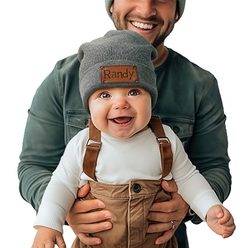 Custom Baby Beanie Hat, Personalized Kids Knitted Hat, Knitted Leather Patch Knitted Beanies Infant Baby Beanies Caps for Toddler Boys Girls Adult
