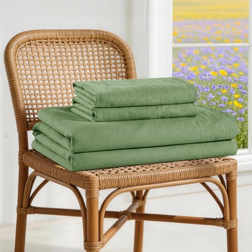 Image of 100% French Linen Sheet Set 4Pcs Deep Pocket 16 inch, King Size Green