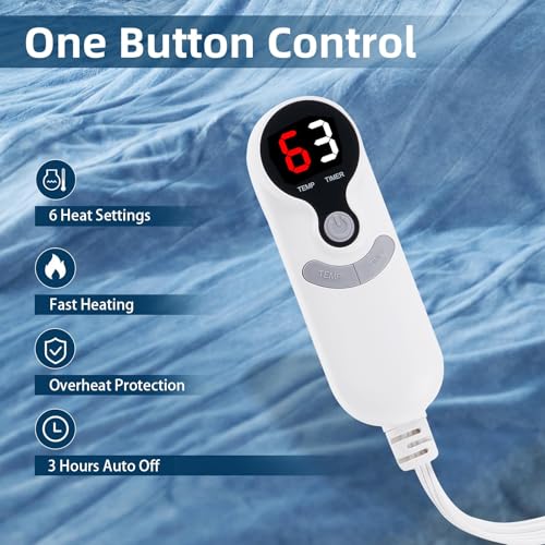 Electric Heated Blanket Throw Size, 50" x 60" Heated Throw with 6 Heating Levels & 3 Hours Auto Off, Machine Washable, ETL & FCC Certified Home Office Use, Blue