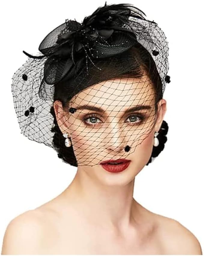 Veewon Black Bowknot Fascinator Hat Feathers Veil Mesh Headband Hat for
