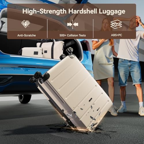 Image of Hoteel Luggage Sets 3 Piece Expandable (4-YEARS WARRANTY) ABS+PC Hardshell Carry On Luggage Airline, Carry on Suitcase with Spinner Wheels & TSA Lock for Travel, Business, Beige (20in /DB /TB)