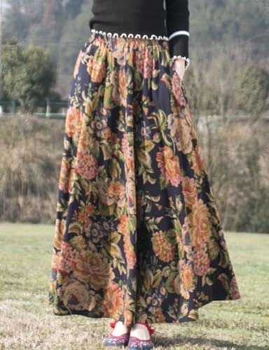 IDEALSANXUN Womens Cotton Linen High Waisted A Line Boho Floral Long Maxi Skirt2