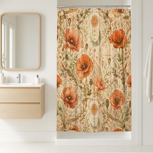 Rideau de douche bohème vintage soleil lune automne polyester imperméable motif coquelicot rideaux de bain pour salle de bain, baignoire, appartement...