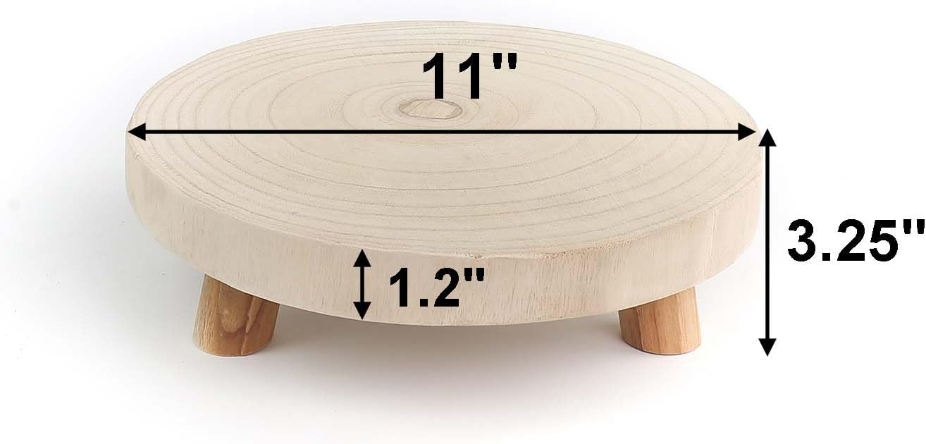 CYS EXCEL 2 Pcs Wooden Plant Stands Modern Raised Display Risers for Indoor Planters Round Natural Wood Slice Pedestals with Short Legs for Tabletop Decor Rustic Boho Home Accent, 11 Inch Diameter