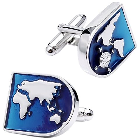 UM Jewellery Globe Earth Blue World Map Shirts Cufflinks for Men Business Wedding,Color Blue Silver Cover