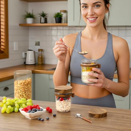 Image of LANDNEOO 4 Pack Overnight Oats Containers with Wooden Lids and Spoons, 16oz Glass Mason Overnight Oats Jars with Lids, Large Capacity Airtight Jars for Milk, Cereal, Fruit
