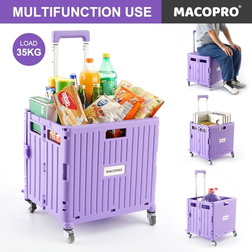 Image of Foldable Utility Cart Folding Portable Rolling Crate Handcart with Durable Heavy Duty Plastic Telescoping Handle Collapsible 4 Rotate Wheels for Travel Shopping Moving Luggage Office Use (Purple)