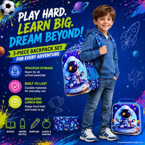 Image of 3Pcs Space Backpack for Boy, 16 inch Astronaut Bookbag for Elementary Preschool Kindergarten, Kids School Backpacks with Lunch Box (Blue)