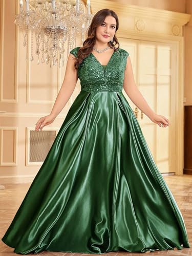 Image of Plus Size Satin Mother of the Bride Formal Gown for Wedding Sleeveless V-Neck Evening Dress