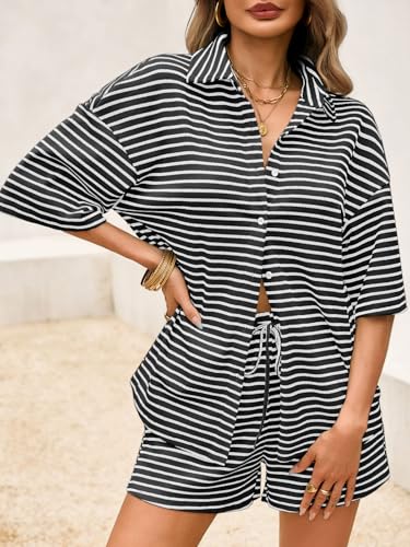 Image of Tankaneo Womens Striped 2 Piece Sets Short Sleeve Lounge Set