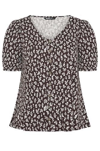 Image of Yours Curve Brown Floral Button Front Top - Women's - Plus Size Curve