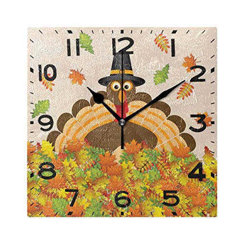 Naanle G19674404P240C275S440 Stylish Thanksgiving Decor Turkey With Maple Leaves Print Square Wall Clock cover