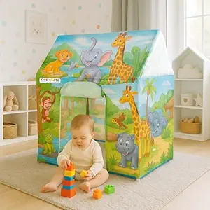 Kidsmate Jungle-Themed Play Tent for Kids | Lightweight & Foldable Pop-Up Tent with Cute Animal Prints | Indoor & Outdoor Portable Toy House for Boys & Girls of Age 2 Yrs & Up - Tropical Jungle Green
