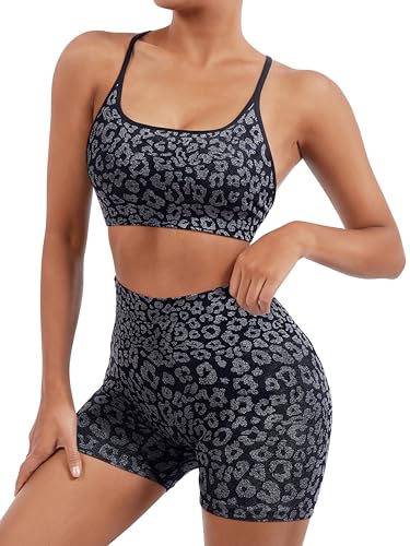 Image of SUUKSESS Women Seamless Workout Sets Strappy Sports Bra High Waist Booty Shorts Outfits