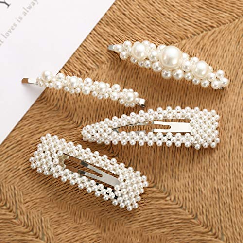 Pearl Hair Clips for Women Girls, Jasmey 4pcs Fashion Pretty Hair Pins Snap Bling Hair Clips Barrettes Wedding Bridal Decorative Hair Accessories