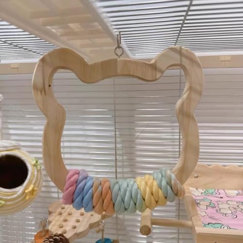 Image of Gradient Large Wooden Bird Swing with Colorful Cotton Rope for Bird Cages - Natural Hanging Toy for Medium-Large Birds Like Parrots Macaws Cockatoos African Greys