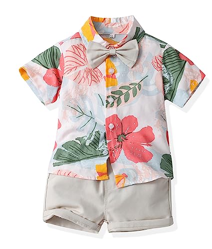 Image of Toddler Baby Boy Summer Clothes Set Floral Shirt Bow-tie Shorts Hawaiian Outfit