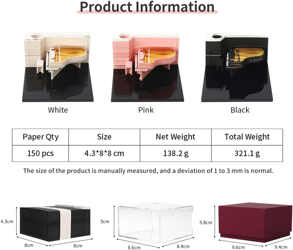 3D Paper Note Piano Model Sticky Notes Paper Art Three-Dimensional Piano Memo Pad DIY Stickers Bookmark Pen Holder Creative Gift (White)