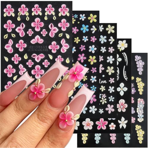 Fcozpjk 5D Embossed Flower Nail Stickers, 5PCS Colorful Floral Nail
