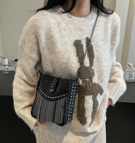 Rungion Trendy Small Purse for Women Vegan Leather Shoulder Crossbody Bag with Chain Y2k Tassel Rivet Handbag Satchels2