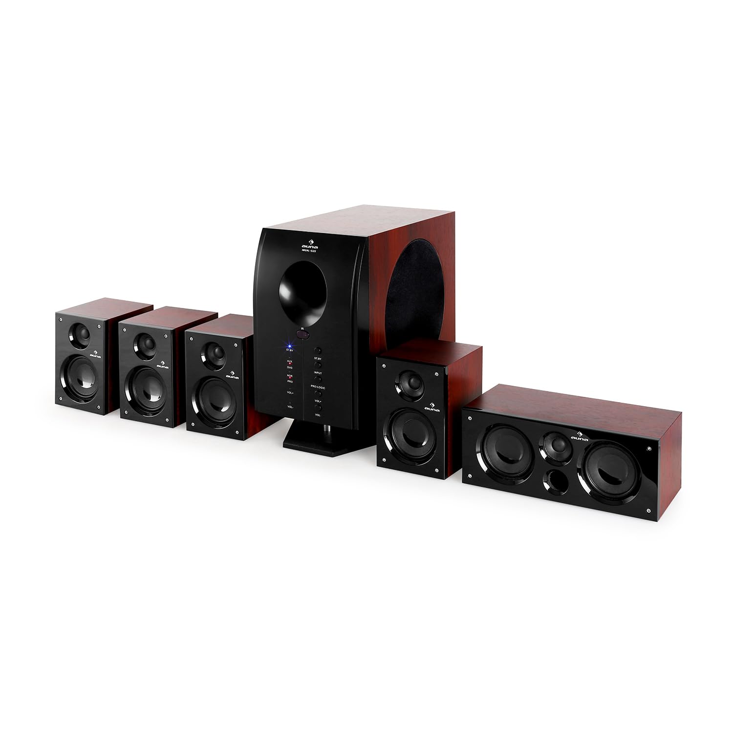 auna Areal 525 - Home Cinema 5.1 inalambrico, Sistema de Sonido Envolvente 5.1, 125 W RMS, Subwoofer Activo Mono 5,25", Bass Reflex, 5 Altavoces satélite, AUX, Apagado automático, Marrón