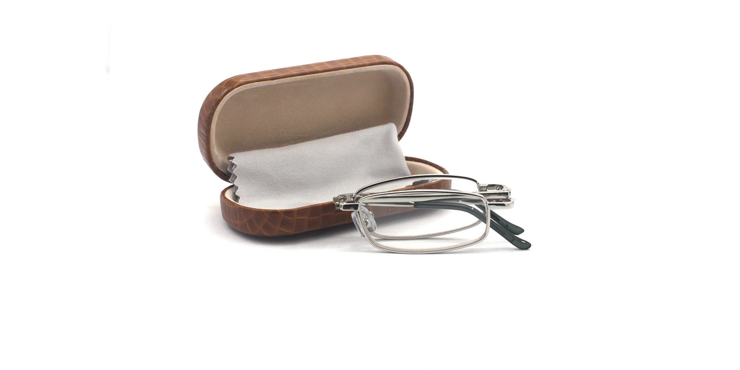 EYE ZOOM Compact Rectangular Metal Folding Reading Glasses with Leather Case for Men and Women