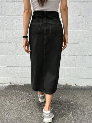 Womens Casual Slit Denim Midi Jean Skirt Stretch High Waist Frayed Button Up with Pockets4