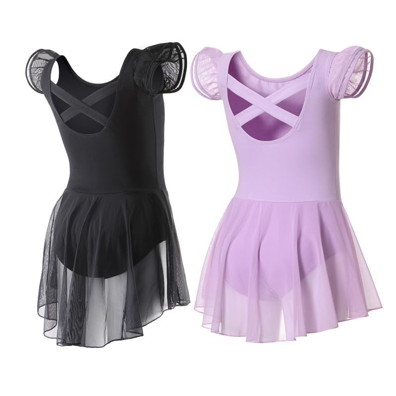 Image of DIPUG Ballet Leotards for Girls Ballet Leotard with Skirt Toddler Dance Leotards Flutter Sleeve and Criss-Cross Back