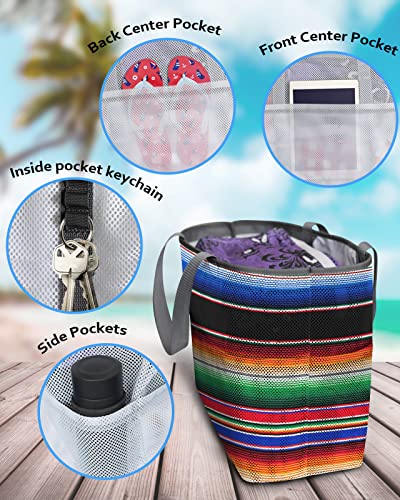 Mexican Serape Colorful Stripes Beach Tote Bag for Women, Ethnic Rainbow Art Print Mesh Beach Bags Waterproof Sandproof, Outdoor Picnic Swim Pool Handbag - Large Beach Bag with Zipper and Pockets4