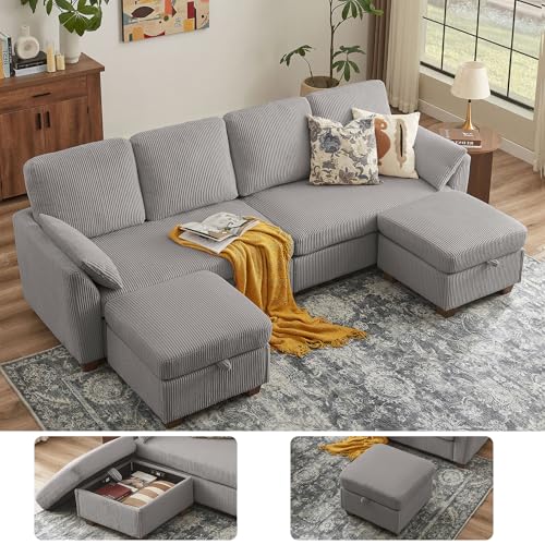 Image of Sectional Sofa with Dual Storage Ottomans, 4 Seat U Shaped Couches for Living Room: Soft Corduroy | Double Movable Chaise Ottoman | Modern Reversible Convertible Couch Set, Light Grey