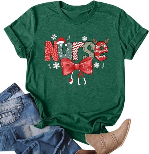 Christmas Nurse Shirts for Women Nurse Christmas Tee Santa's Favorite Nurse Tops Xmas Vacation Holiday Tee
