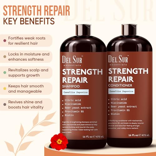 Image of DEL SUR Hair Strengthening Shampoo and Conditioner Set | 16 fl oz Each | with Camellia Japonica, Niacinamide, Provitamin B5 & Biotin | Repair & Hydration for Dry, Weak Hair