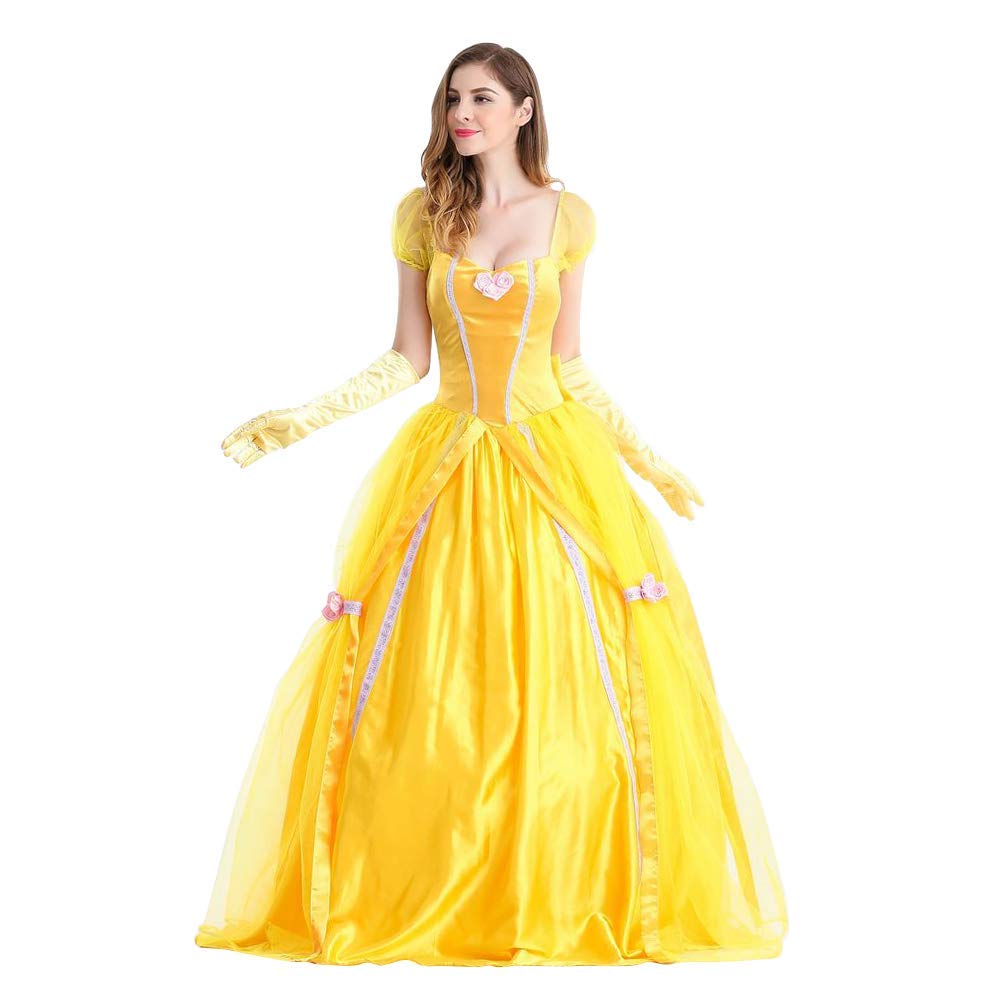 Adulta Disfraz de Belle para Mujer Princesa Melocotón Vestido de Falda Larga Carnaval de Halloween Cosplay Vestido para Arriba Traje de Fiesta de la Bella y la Bestia de Cuento de Hadas