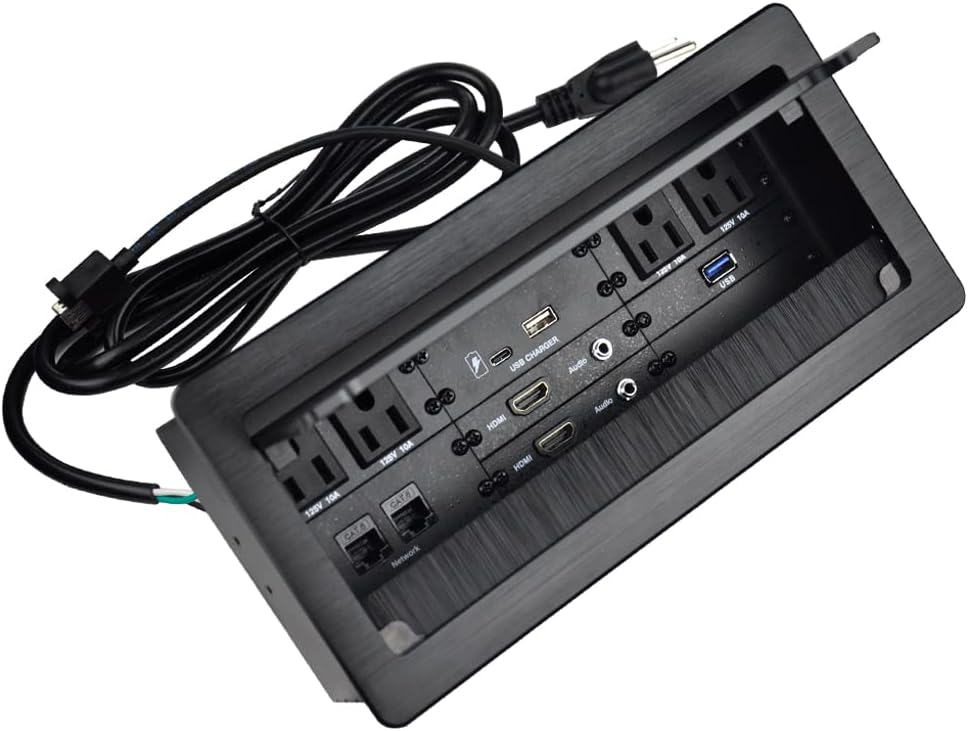 Connectivity Box with 4 AC Power+2 HDMI+2 Audio +2 LAN+1 USB-A Charger +1 USB-C Charger +1 USB3.0 Data with 5.58ft Power Cord for Conference Room (Black)