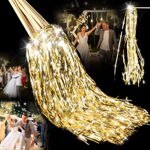 Image of Simgoing 100 Pcs Lighted Wedding Wands LED Tinsel Wands Light up Streamers Sparklers for Wedding Send Off and Exits Birthday Party Props Favors(Gold)