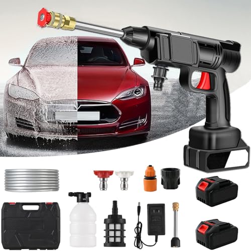 Lavadora a Presión Inalámbrica, Limpiador de Alta Presión Portátil de Mano inalámbrico con 2 16680VF Pilas y Caja de Almacenamiento, Distancia de Pulverización de Agua de 0-8 Metros, para Coches