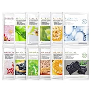 12pcs Moisturising Sheet Face Mask, Sheet Masks Multipack for Purely Natural Plant and Fruit Organic Extracts Moisturizing Repairing, Face Masks Skincare Sheet with Firming Brightening