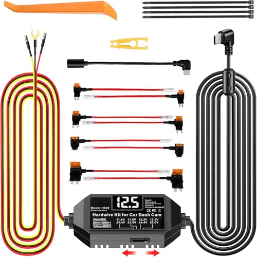 Image of Dash Cam Hardwire Kit USB C, 12V-24V to 5V Type C Hardwire Kit with LED Voltmeter, 4-Level Adjustable Low Voltage Protection, 3-Lead Power Cable for Dash Camera Parking Mode & Continuous Recording